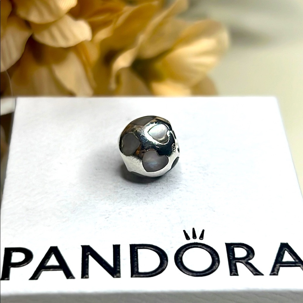 Genuine Pandora Sterling Silver Charm with White Enamel Hearts